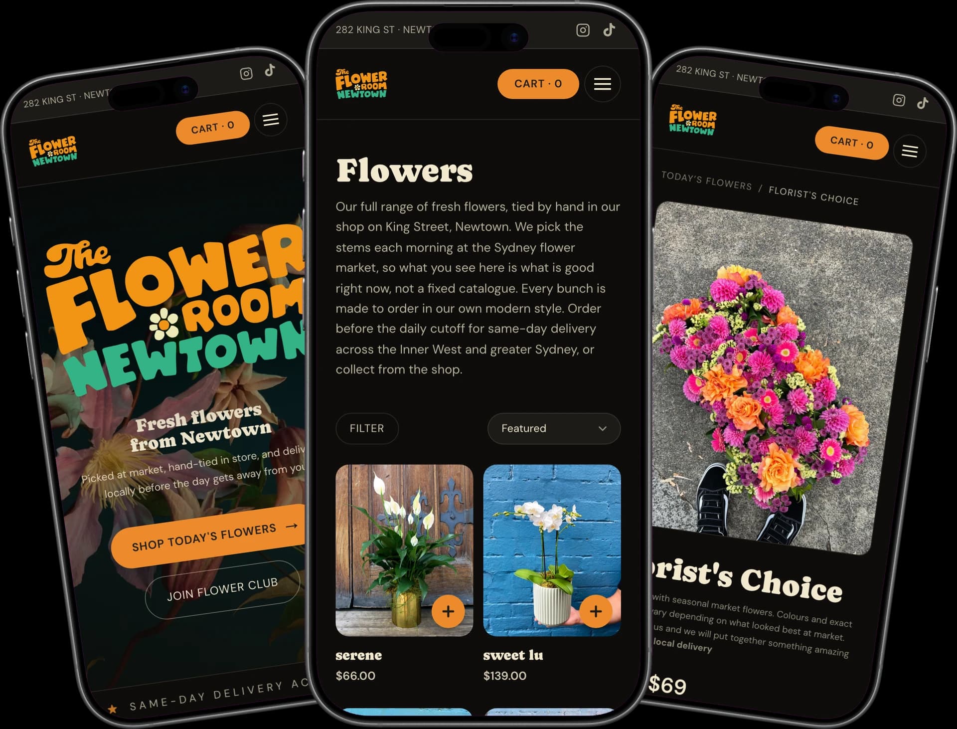 The Flower Room store on three mobile screens