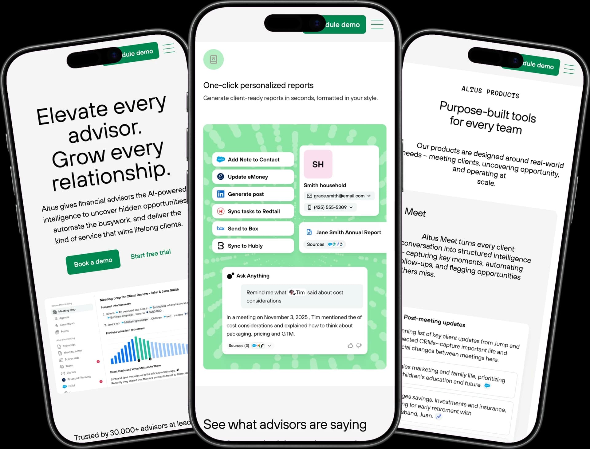 Altus across three mobile screens showing homepage, platform intelligence, and products