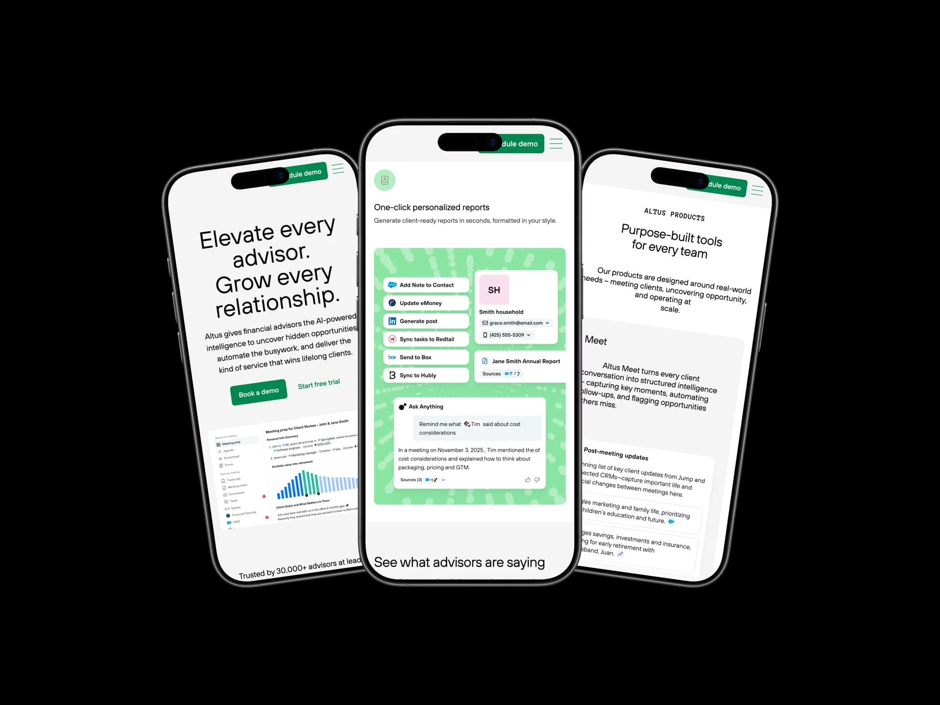 Altus across three mobile screens showing homepage, platform intelligence, and products