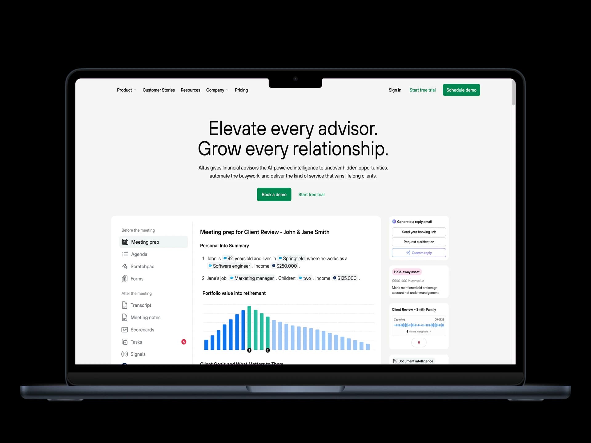 Altus AI financial advisor platform homepage on desktop