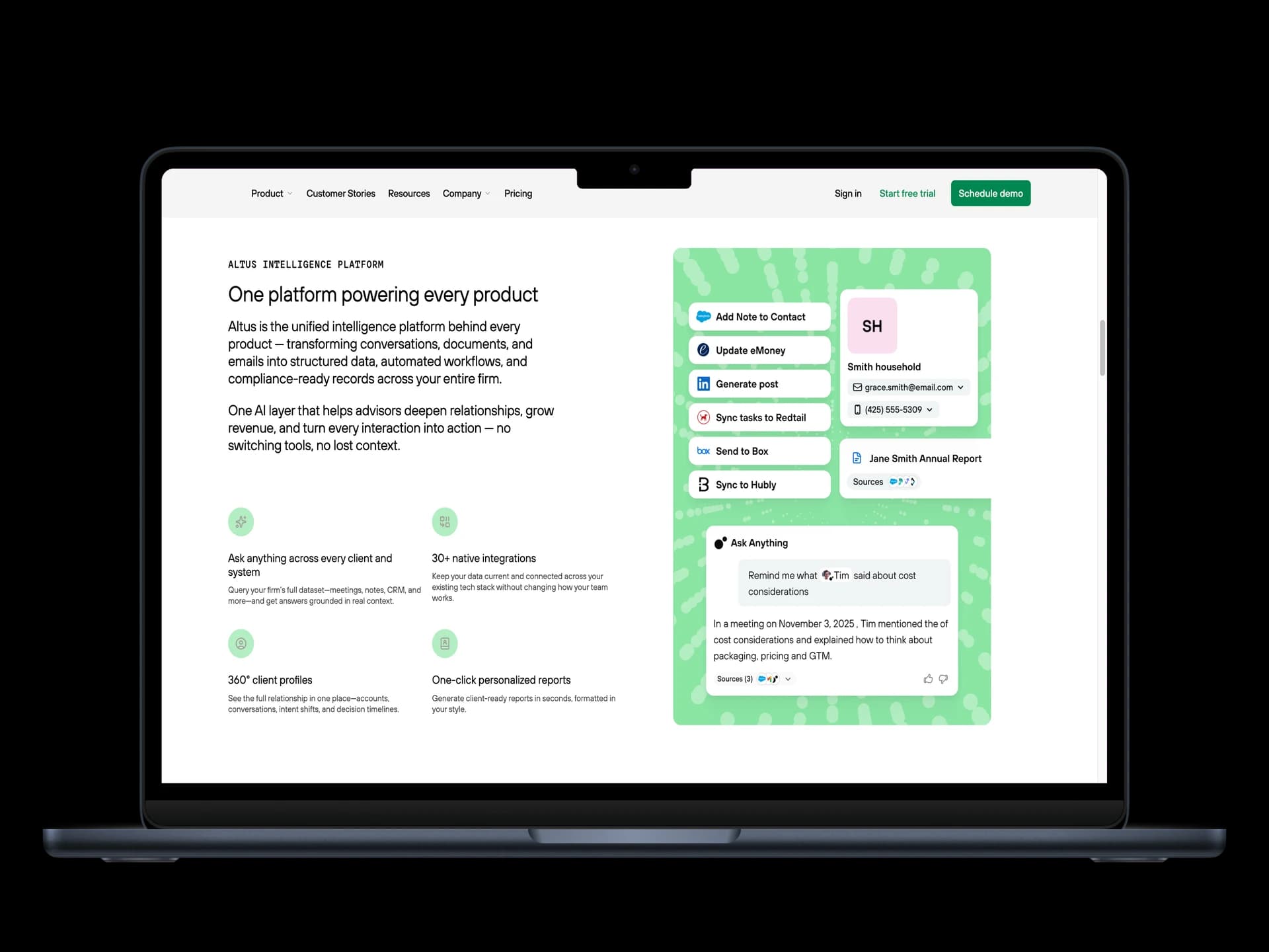 Altus unified intelligence platform with AI actions panel and natural language search