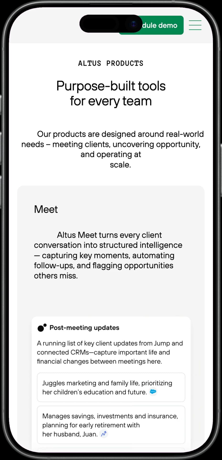Altus products section on mobile