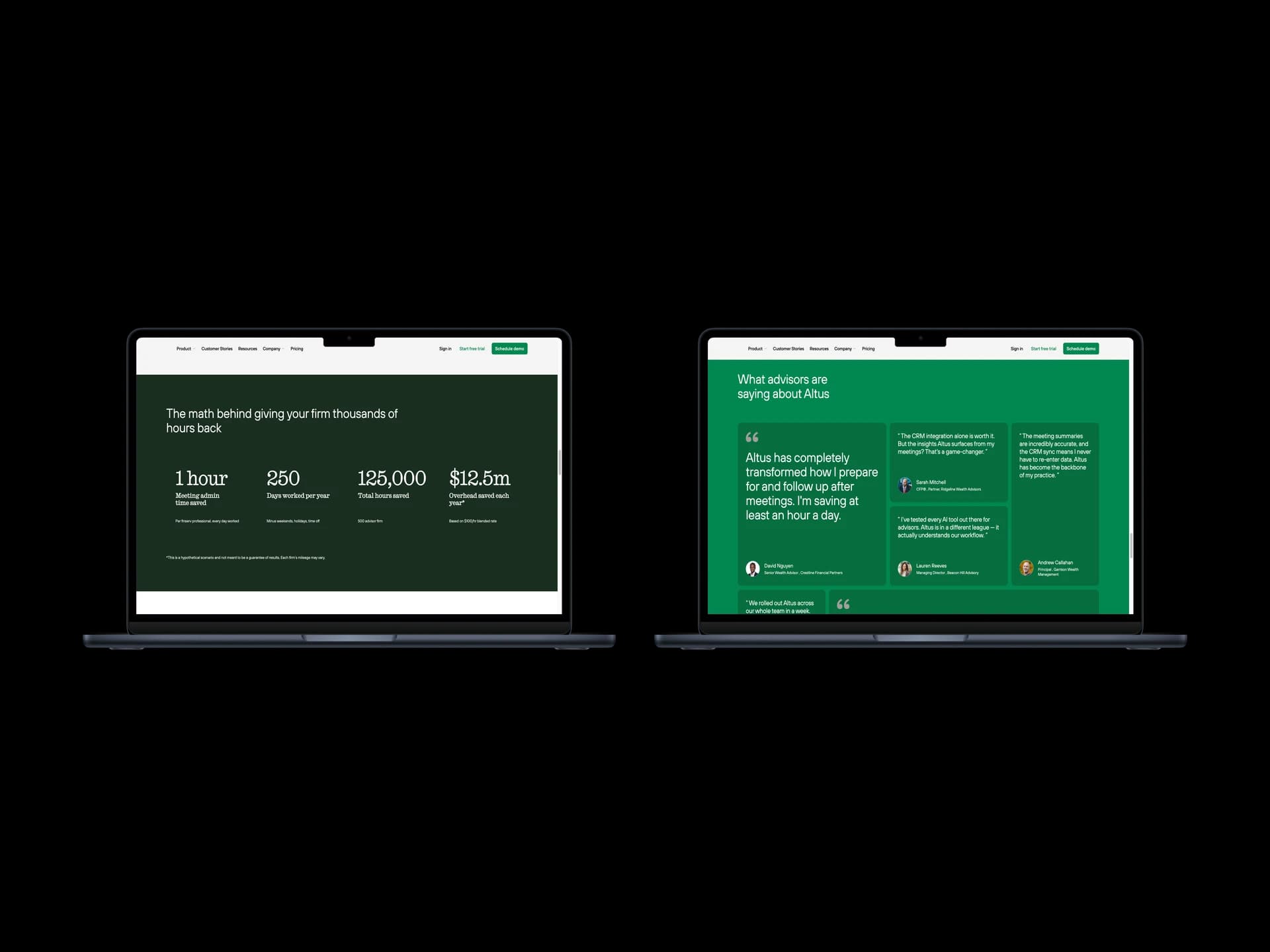 Altus stats section and testimonials page shown side by side on desktop