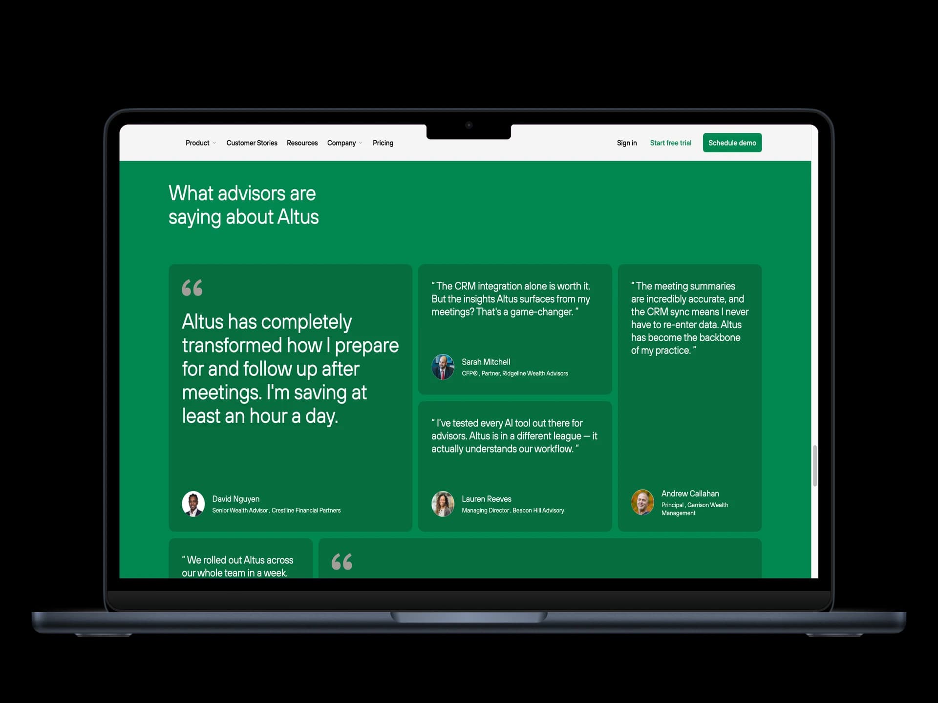 Altus testimonials section with advisor quotes on green background