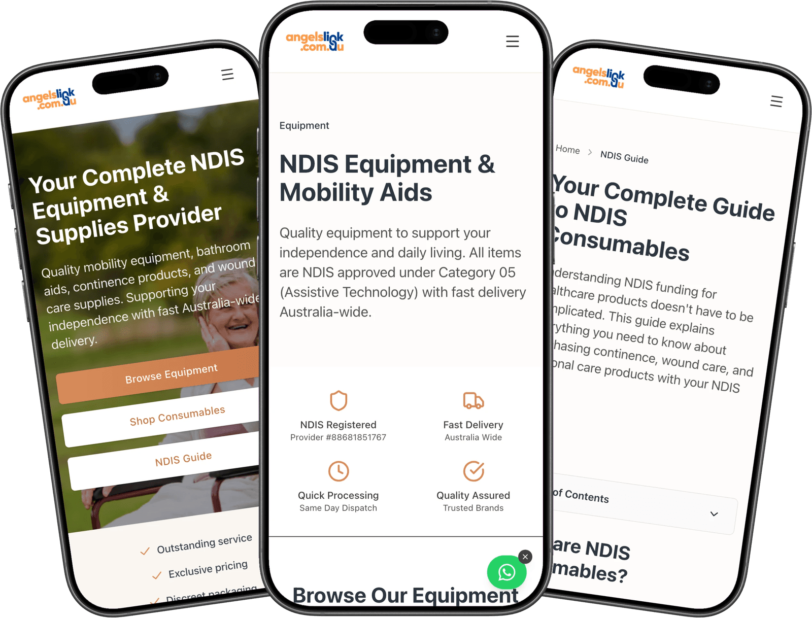Angels Link website across three mobile screens showing homepage, equipment, and NDIS guide