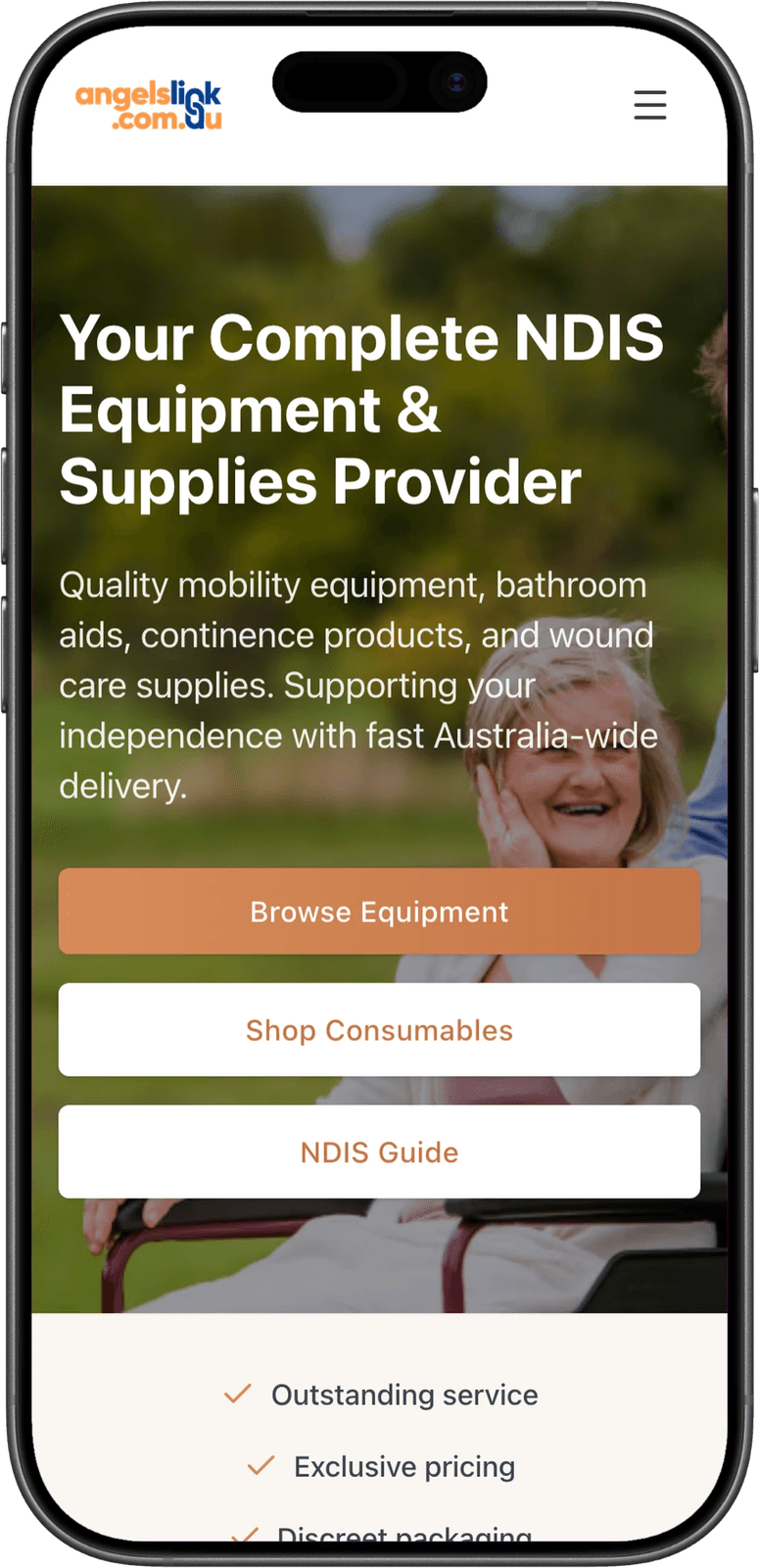 Angels Link NDIS provider homepage on mobile