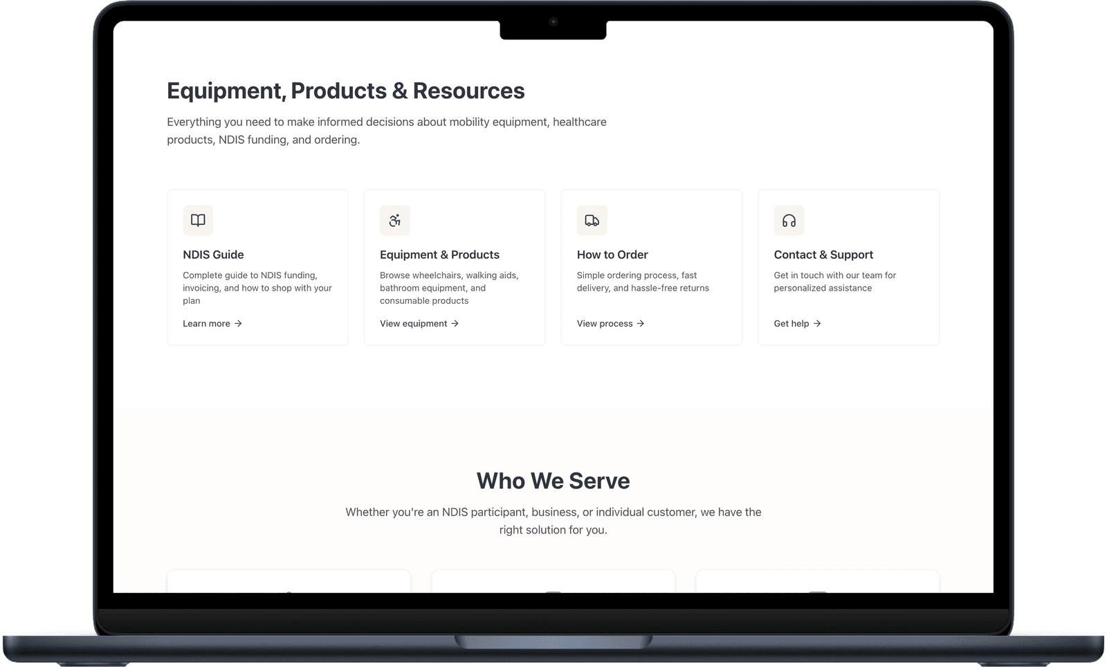 Angels Link homepage below the fold showing equipment categories, resources, and customer segments
