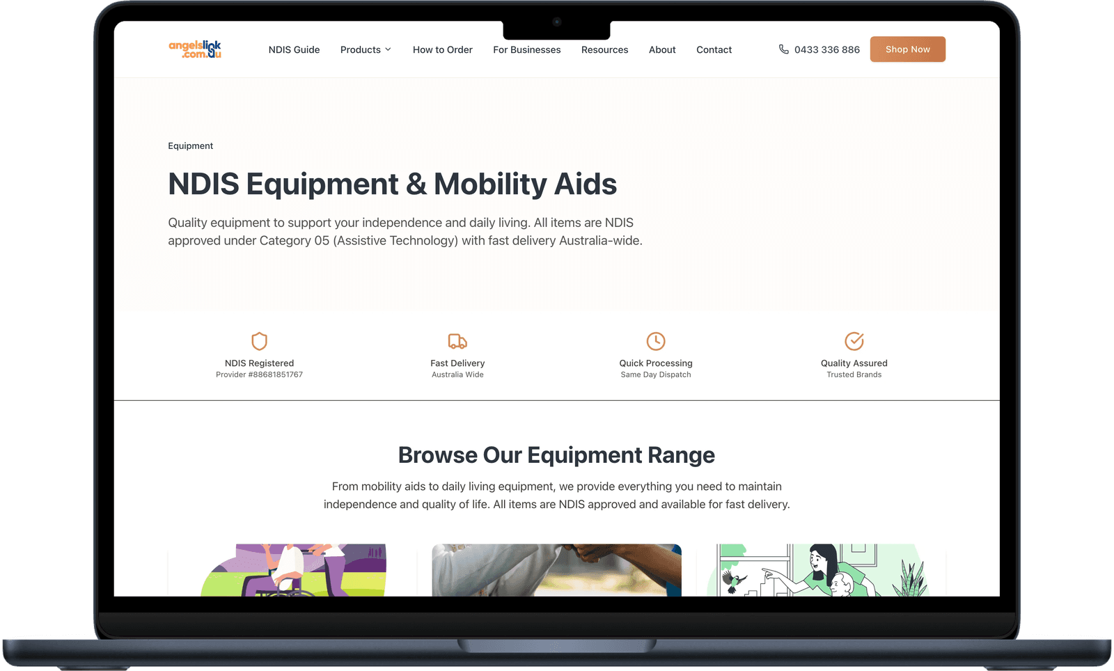 Angels Link equipment page showing NDIS mobility aids and product categories