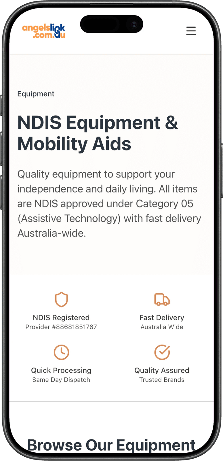 Angels Link equipment page on mobile