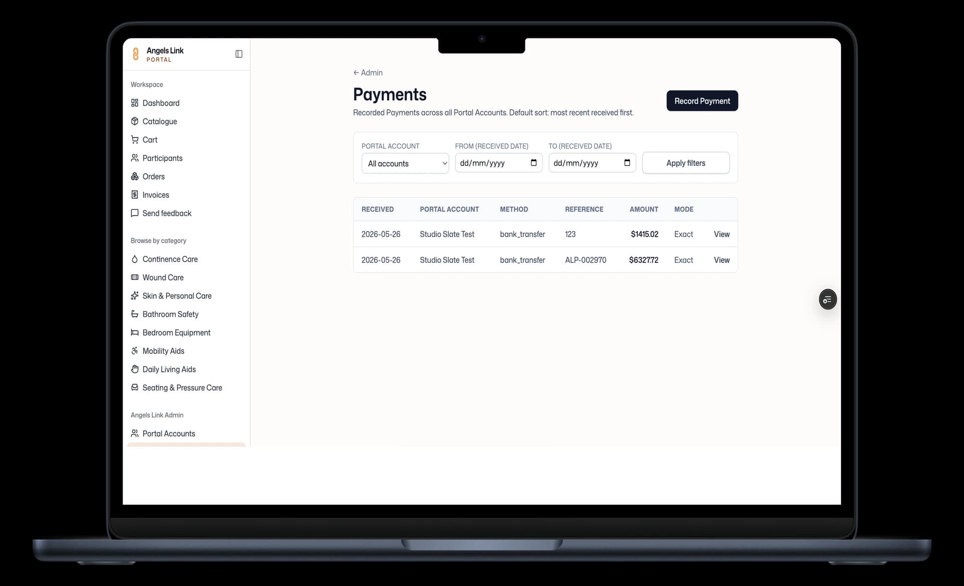 Angels Link admin payments back office listing recorded payments across all portal accounts, used to approve invoices and release held Shopify orders for fulfilment