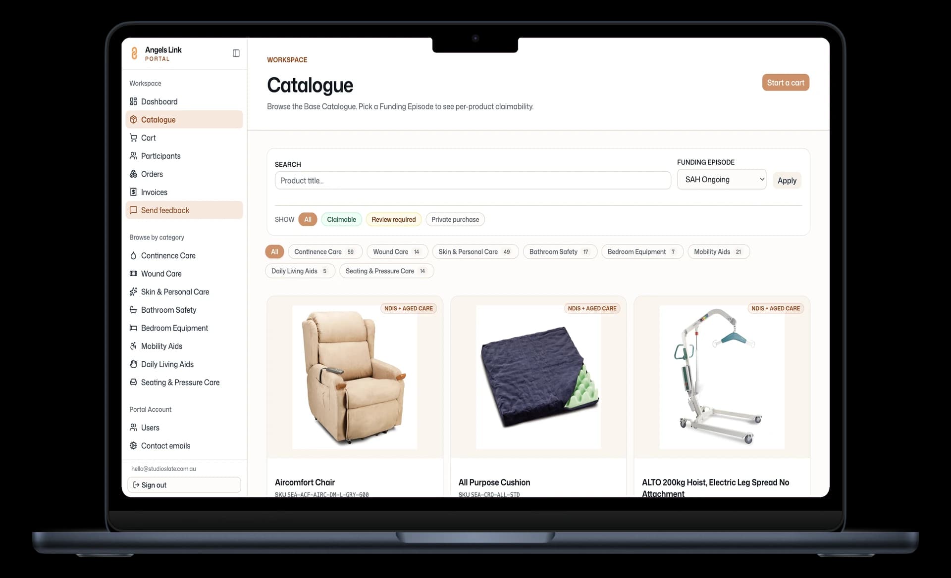 Portal catalogue with funding-episode selector and per-product claimability badges across 183 NDIS and aged-care products