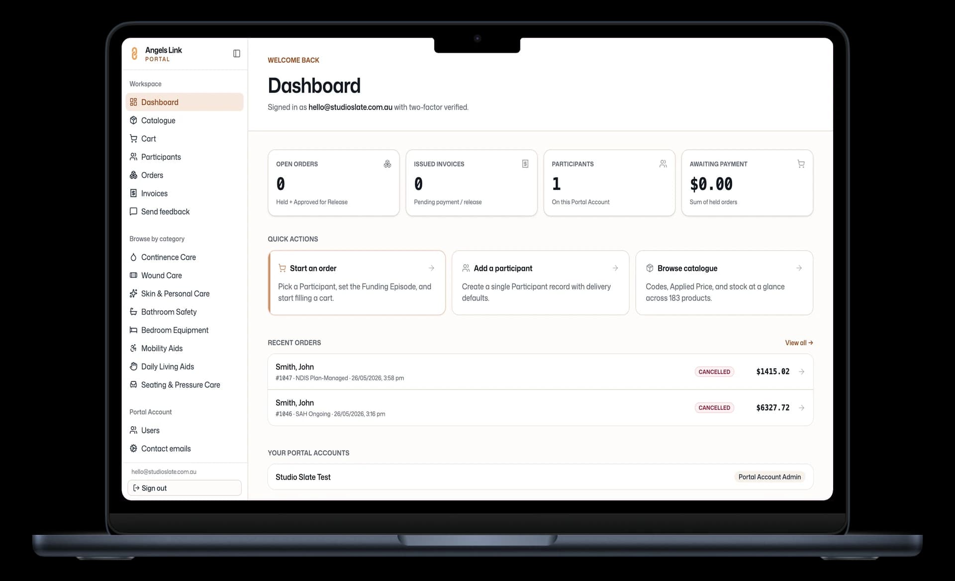 Angels Link enterprise ordering portal dashboard showing open orders, issued invoices, participants, and amount awaiting payment