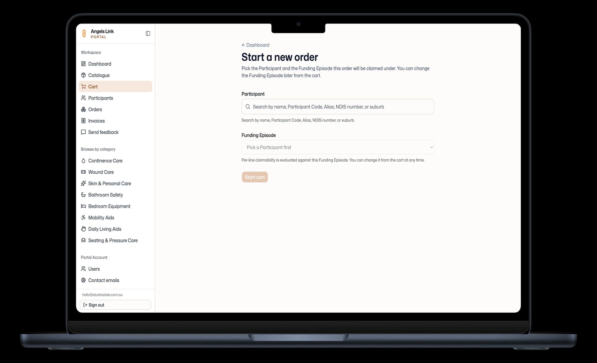 Angels Link order form with participant search and funding selection