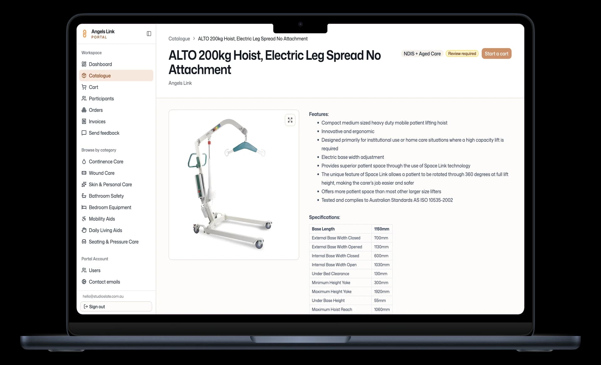 Product detail page showing claim codes, claimability status, specifications, and add-to-cart for a mobility hoist