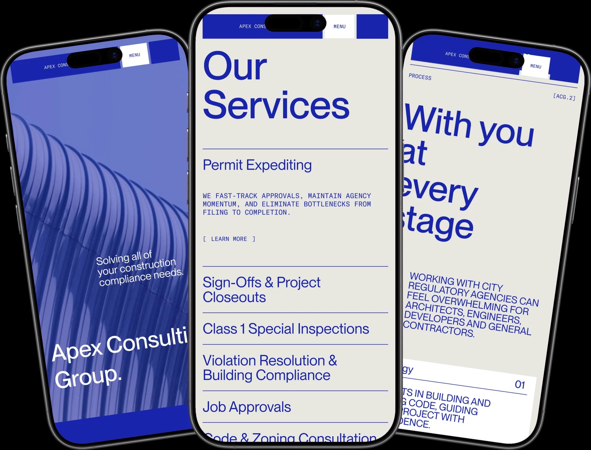 Apex Consulting Group across three mobile screens showing hero, services, and process sections