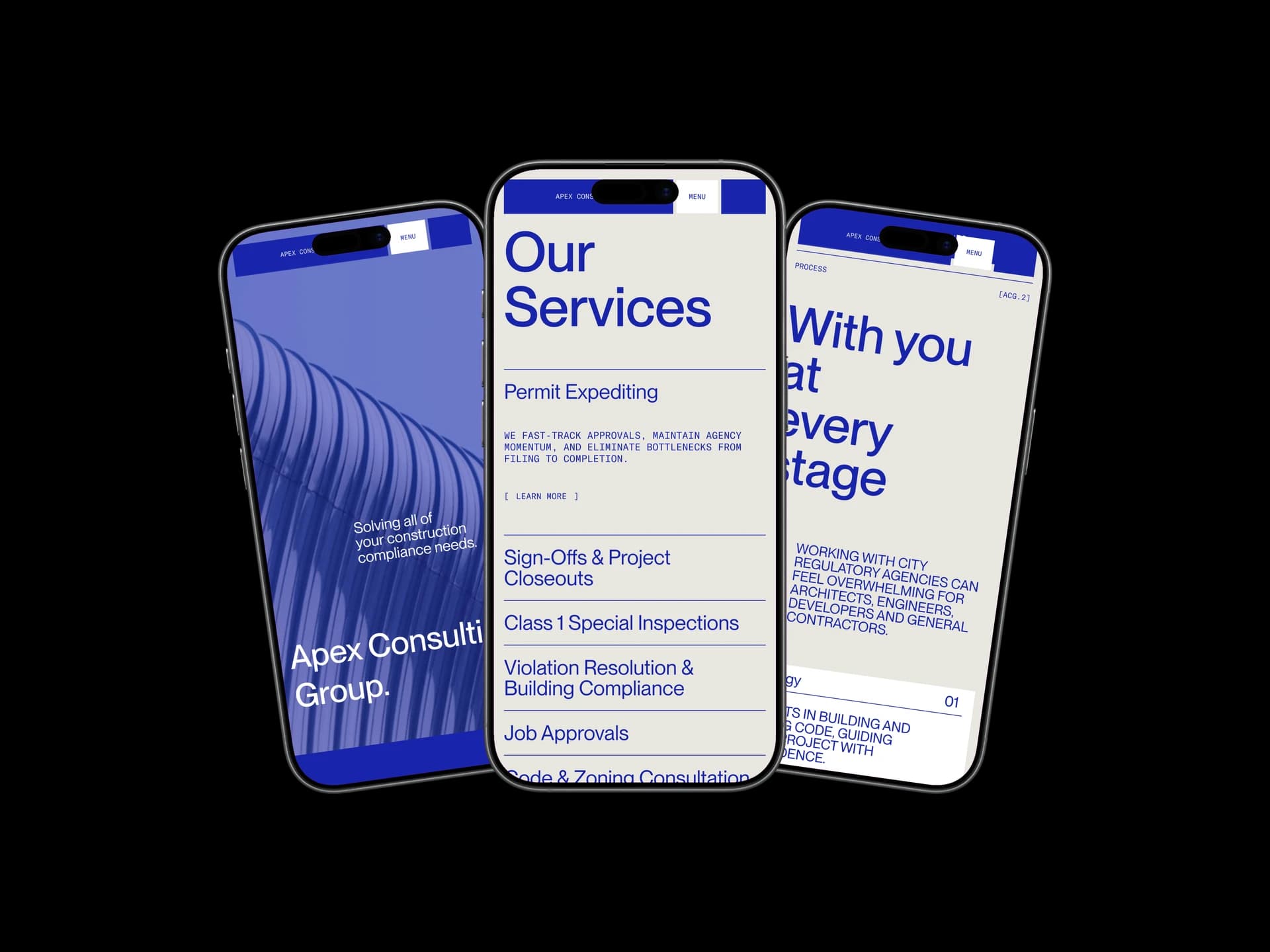 Apex Consulting Group across three mobile screens showing hero, services, and process sections