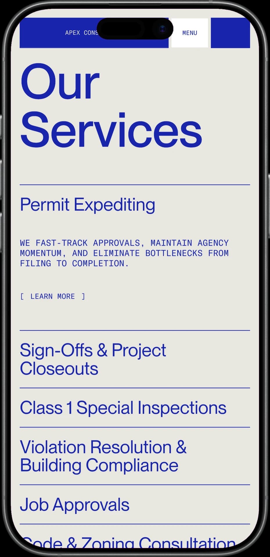 Apex Consulting services section on mobile