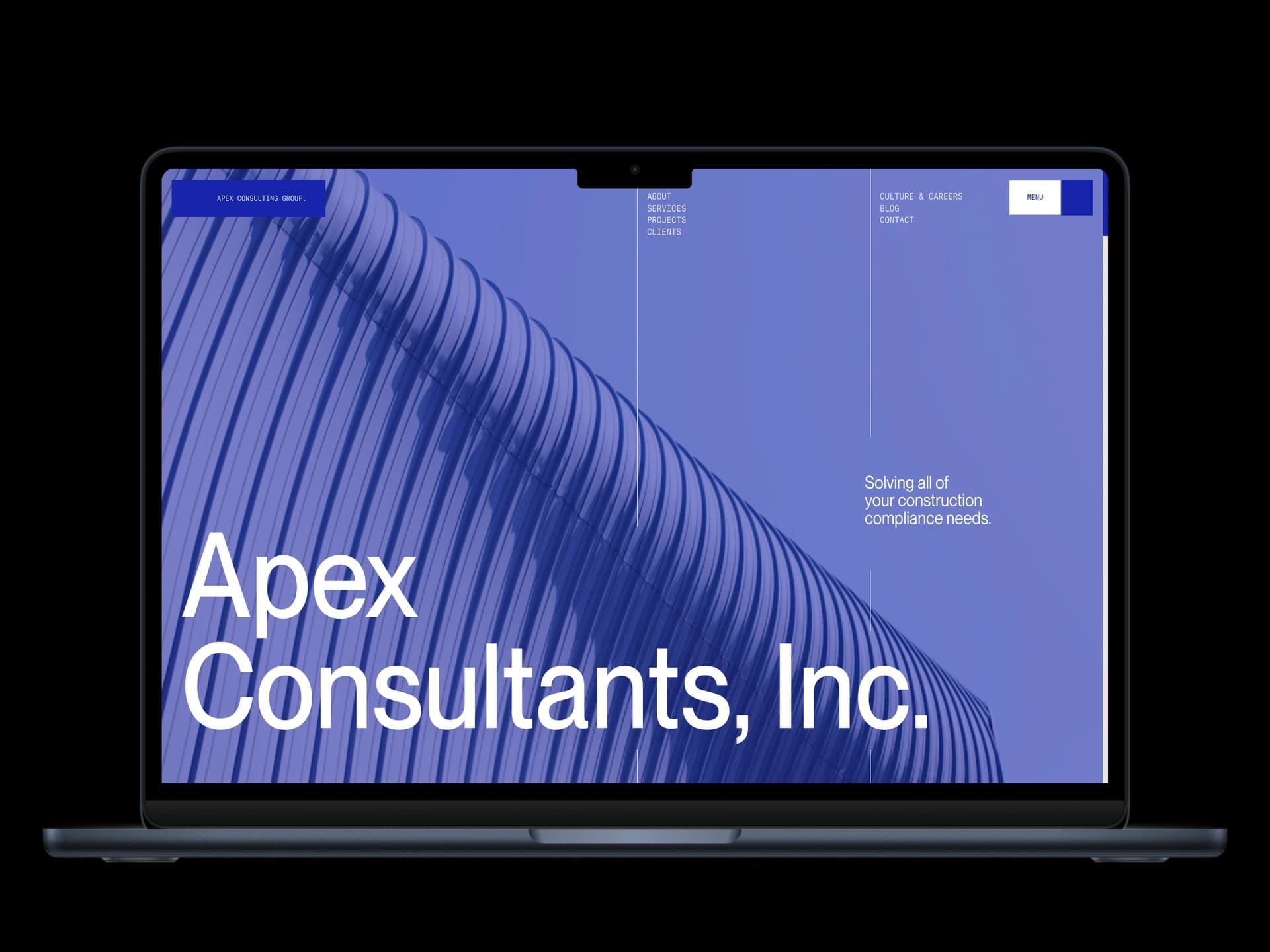 Apex Consulting Group homepage on desktop showing bold blue hero with architectural imagery