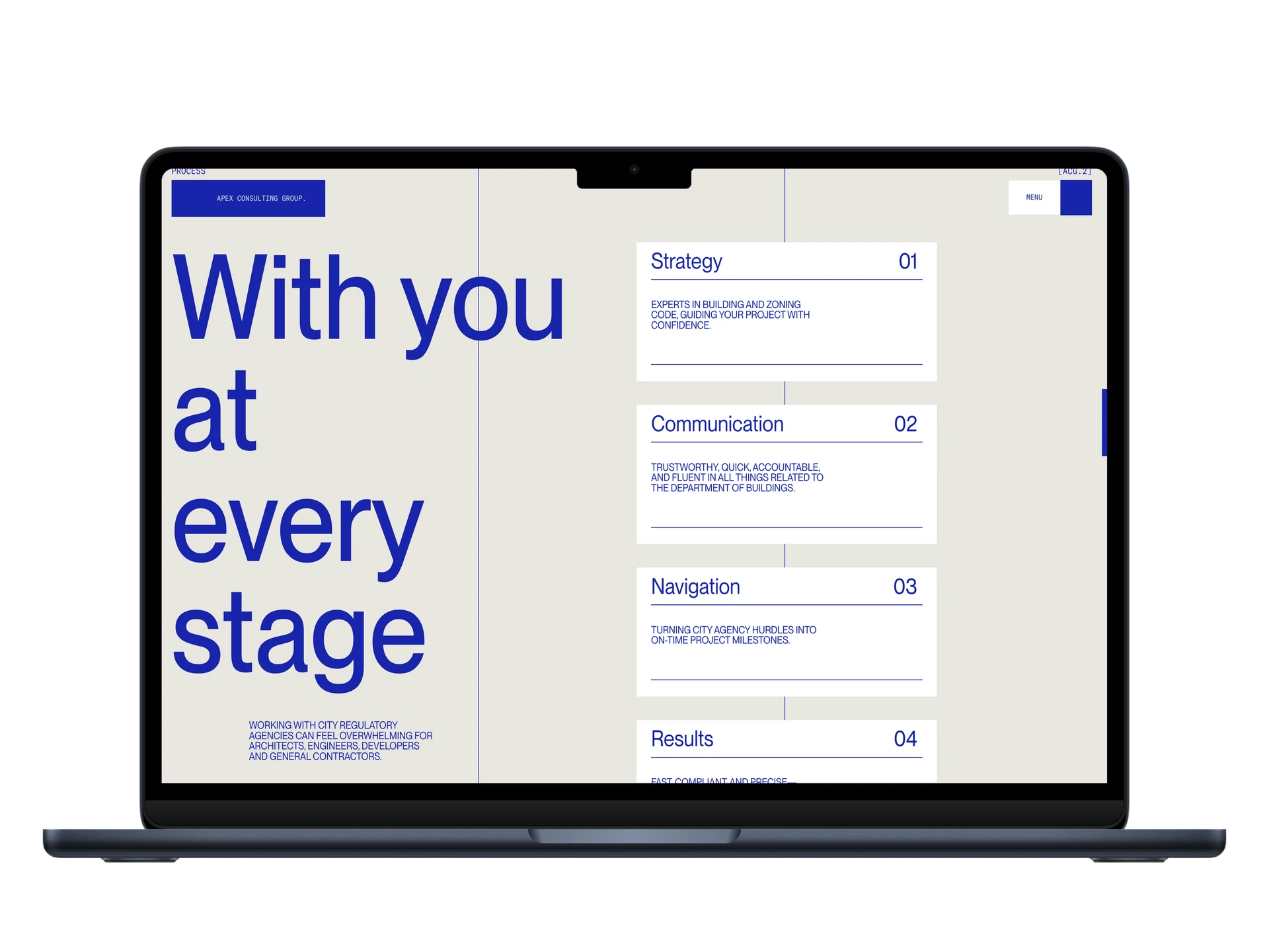 Apex Consulting process section with numbered steps: Strategy, Communication, Navigation, Results