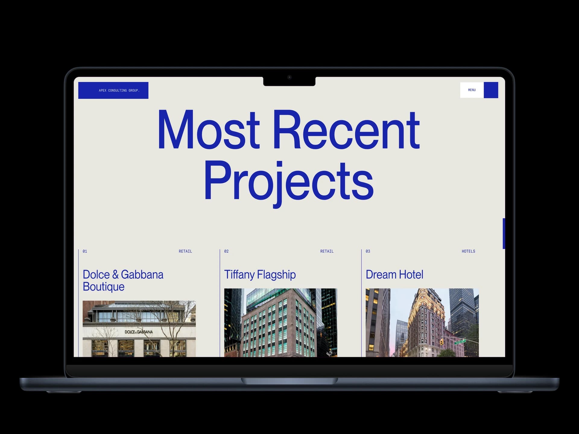 Apex Consulting 'Most Recent Projects' section showing Dolce and Gabbana, Tiffany, and Dream Hotel