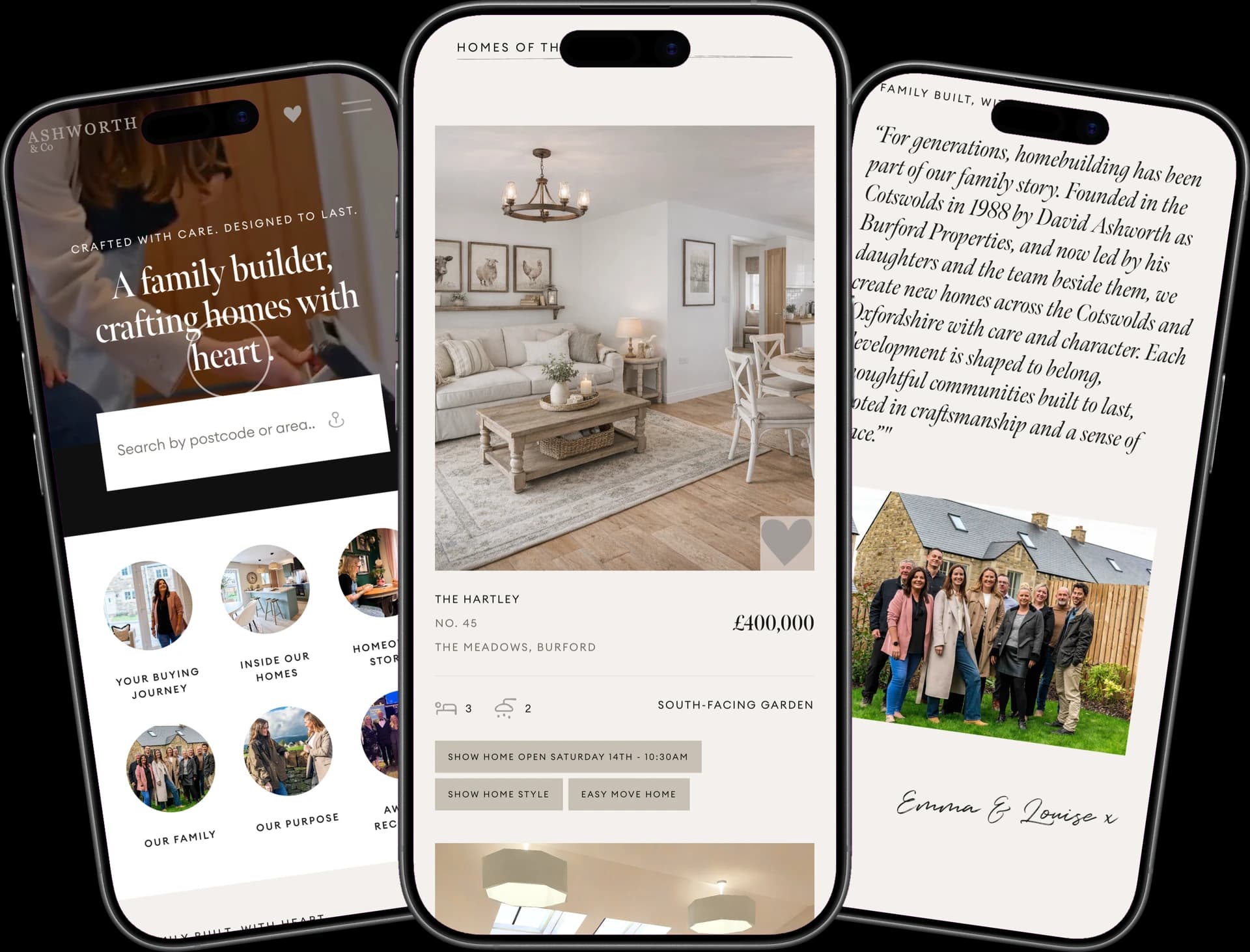 Ashworth & Co across three mobile screens showing homepage, property listings, and heritage story
