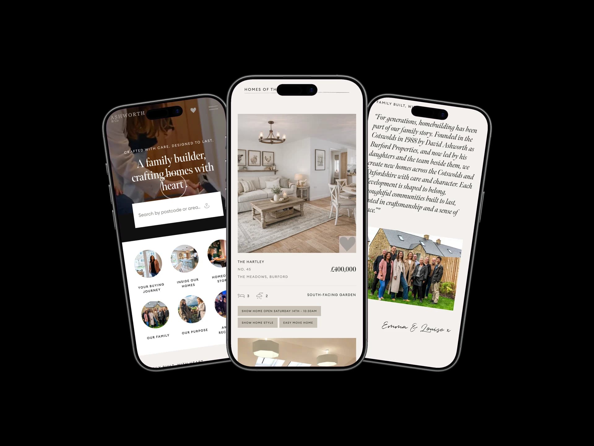 Ashworth and Co premium real estate platform on three iPhones