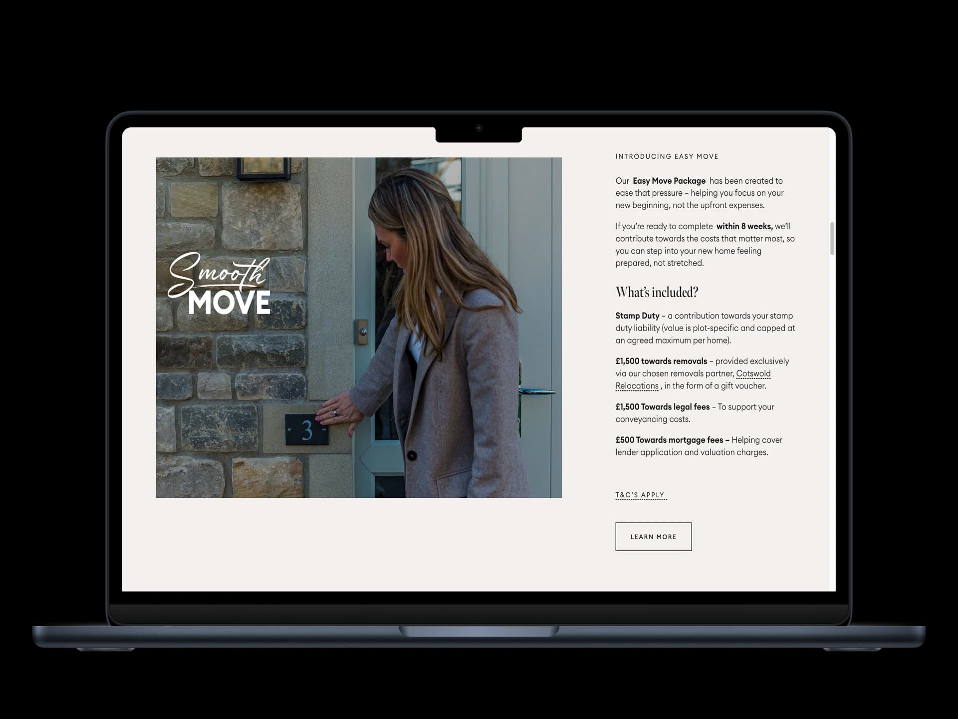 Ashworth & Co Easy Move Package section with Smooth Move script lettering and financial breakdown