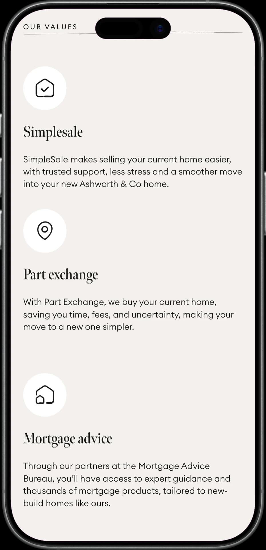 Ashworth & Co values section on mobile