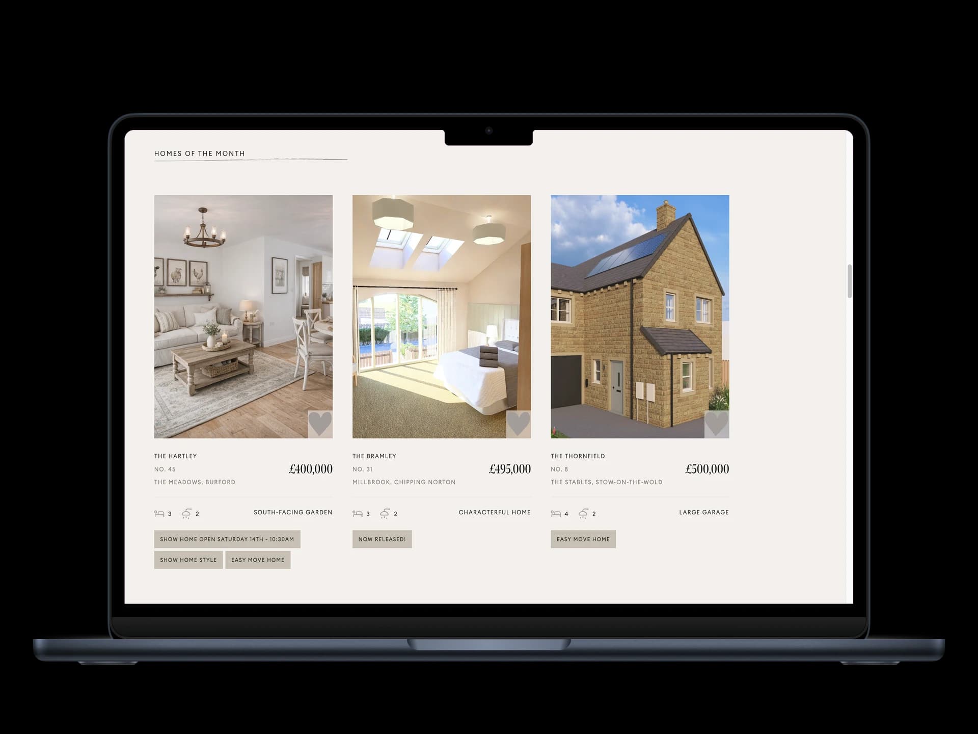 Homes of the Month property cards with pricing, specs, and availability tags