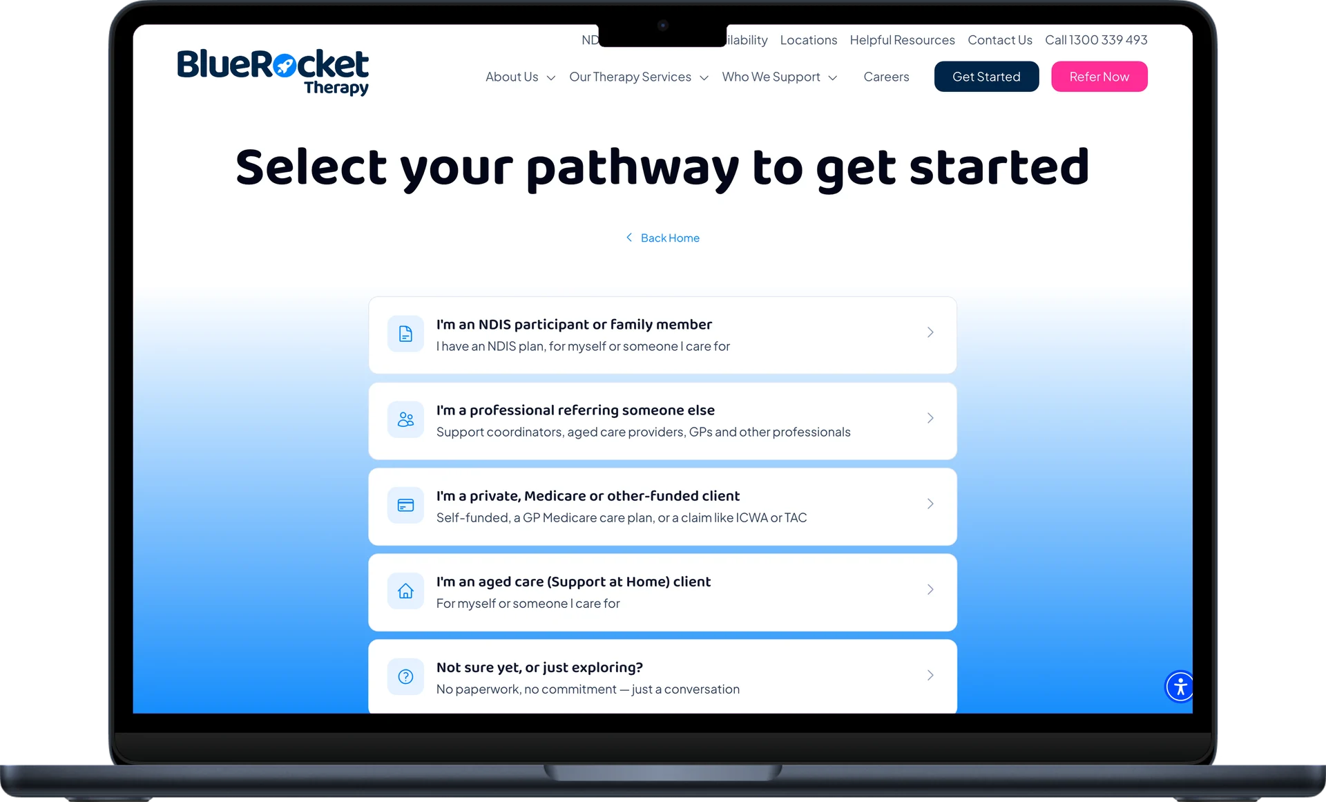 BlueRocket's referral pathway page, shown in a laptop mockup