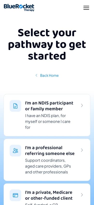 The BlueRocket referral choices in a single column on a phone-sized screen