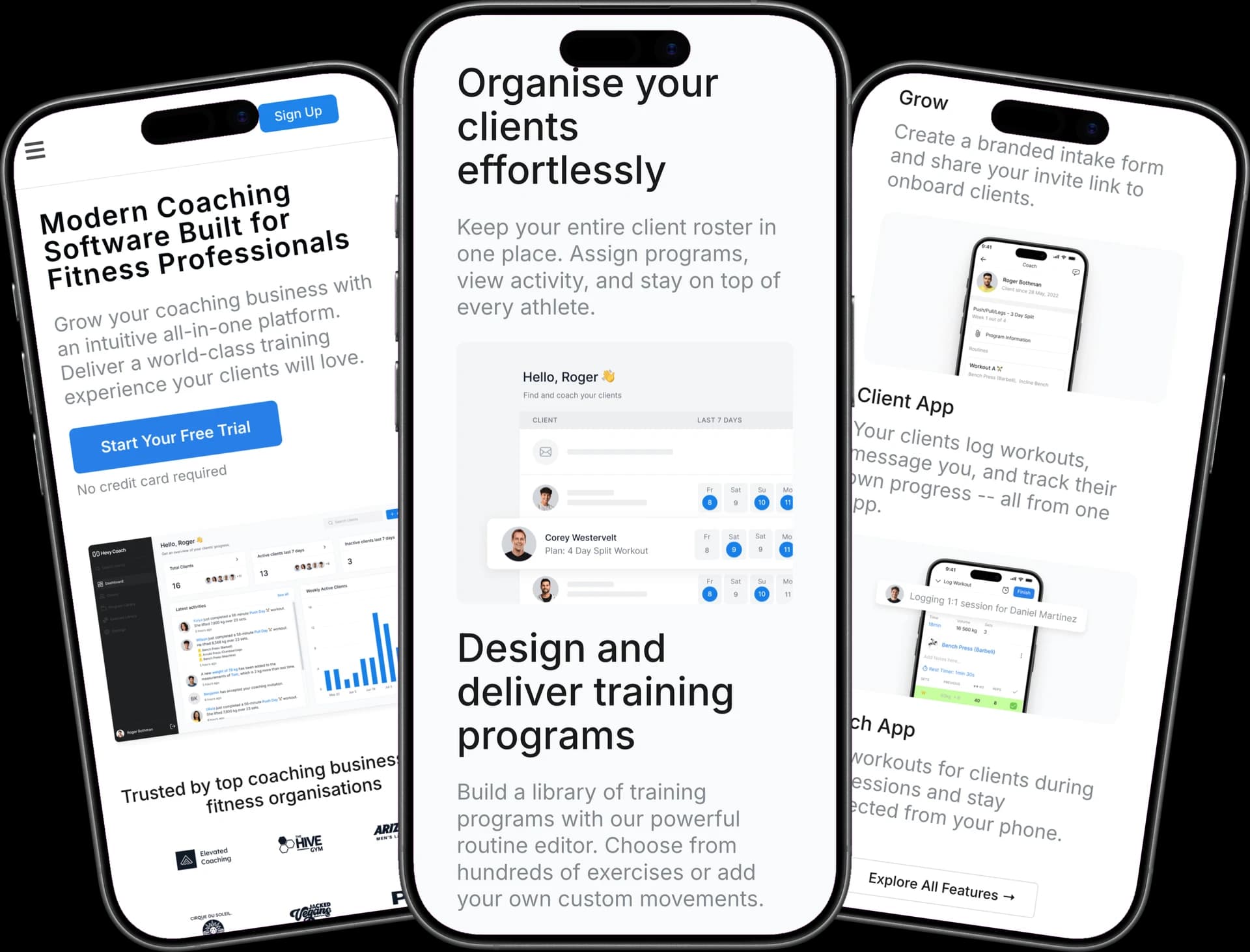 Coach Kit across three mobile screens showing homepage, client management, and training features
