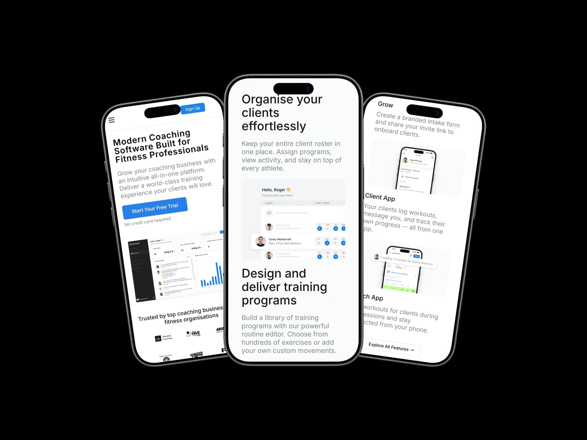 Coach Kit across three mobile screens showing homepage, client management, and training features