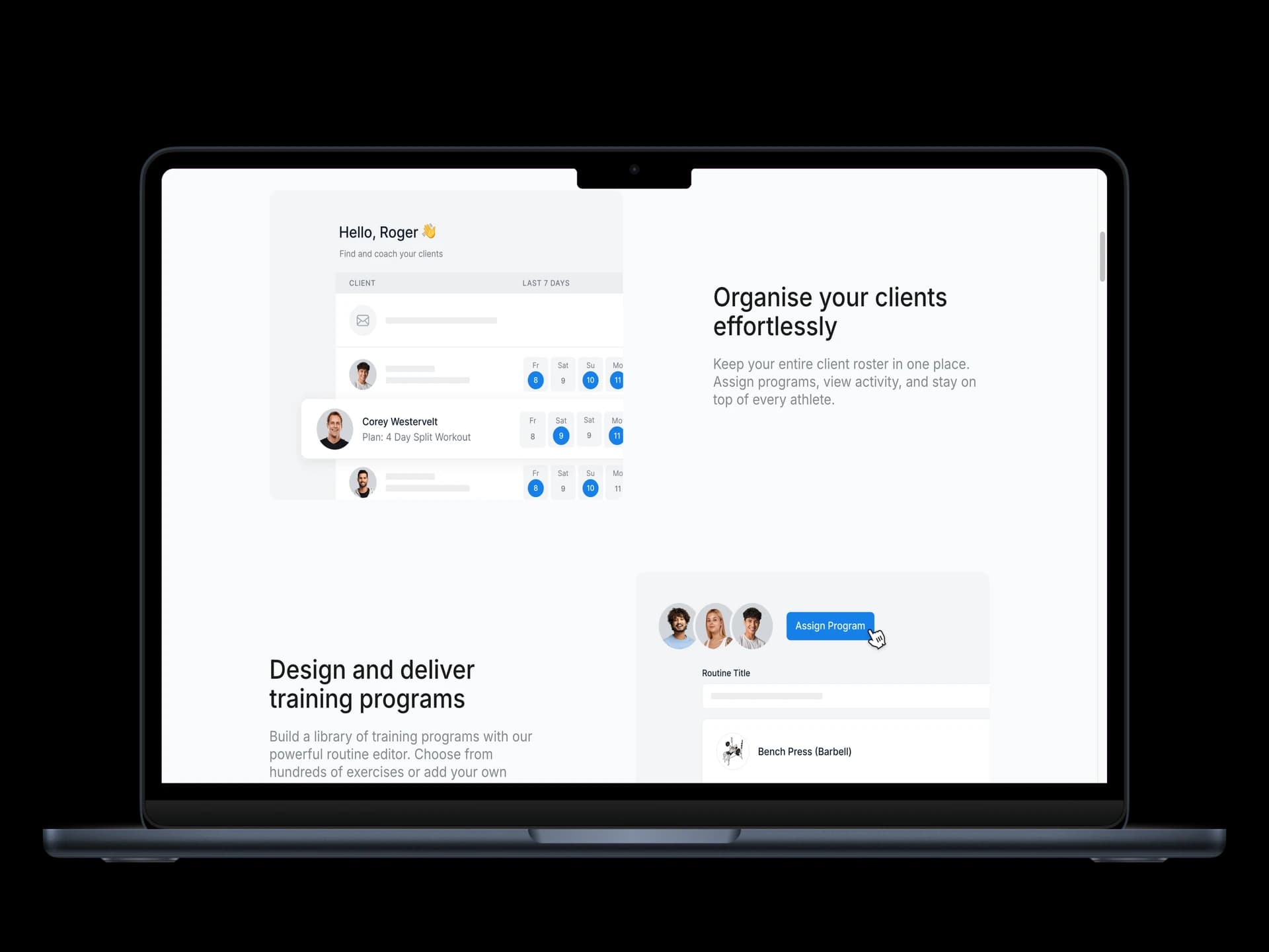Coach Kit feature sections showing client management and training program builder