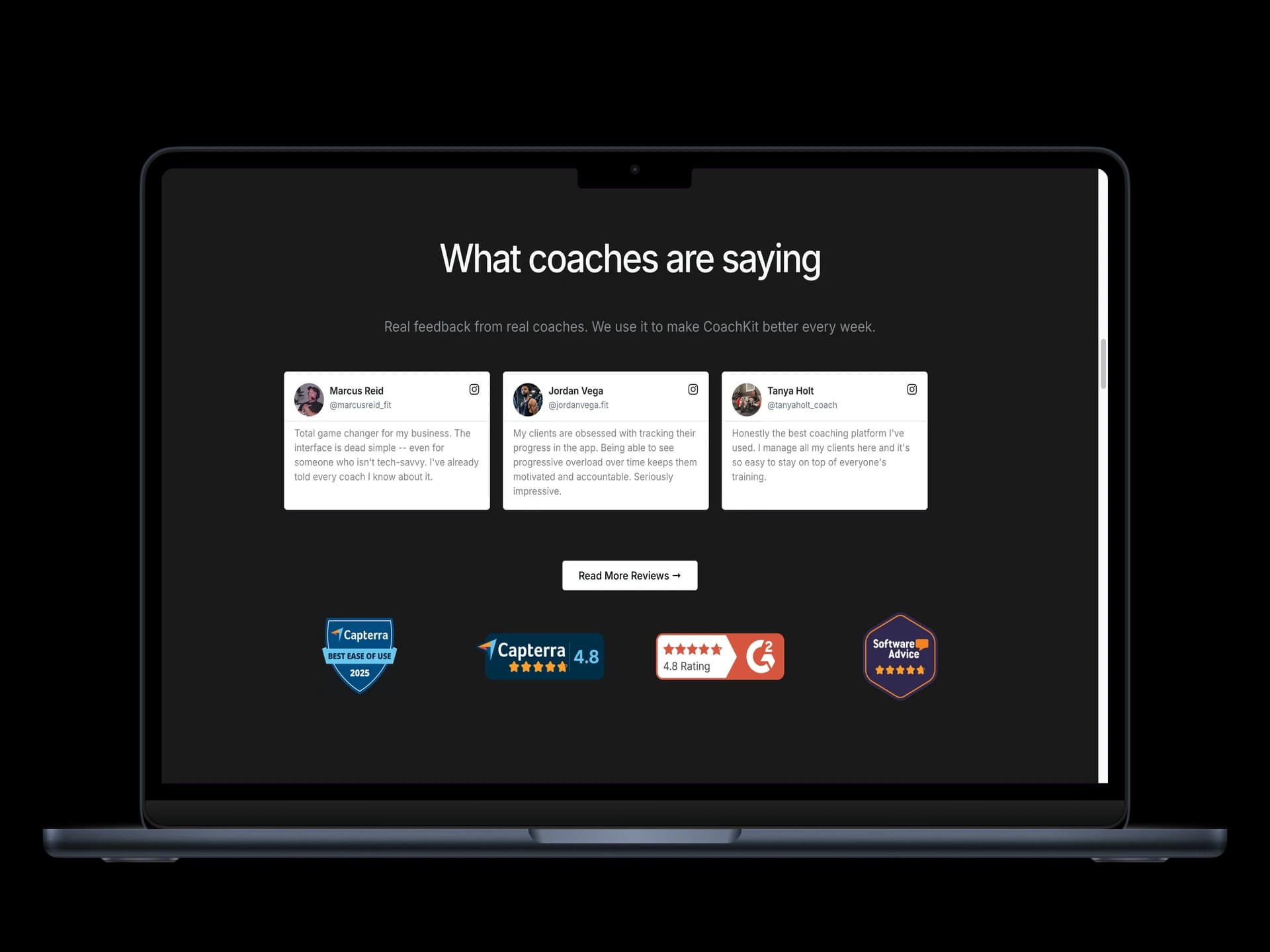 Coach Kit testimonials section with dark background and review platform badges