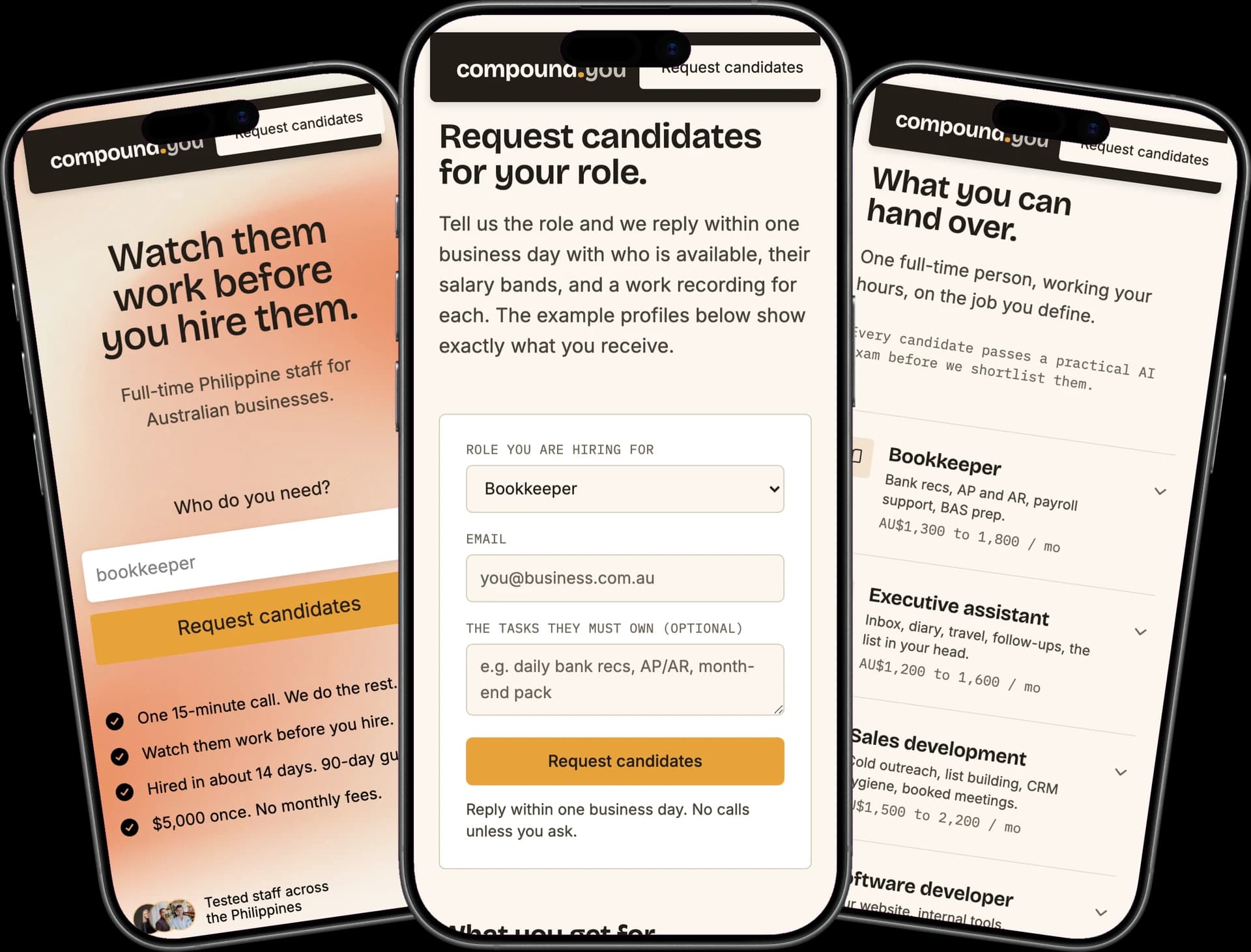 Compound, a Next.js and Sanity site, shown on three mobile screens