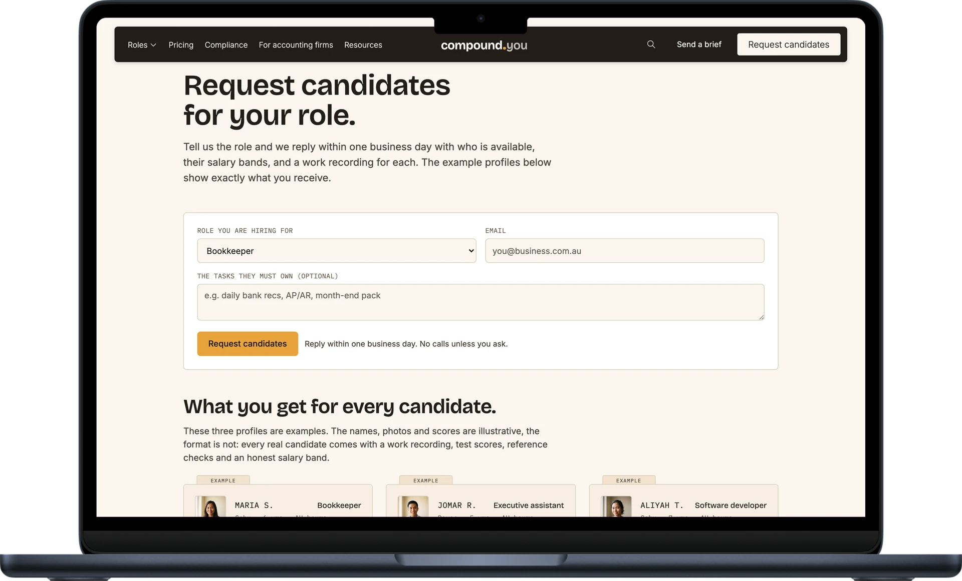 A Compound candidate request page with example proof profiles