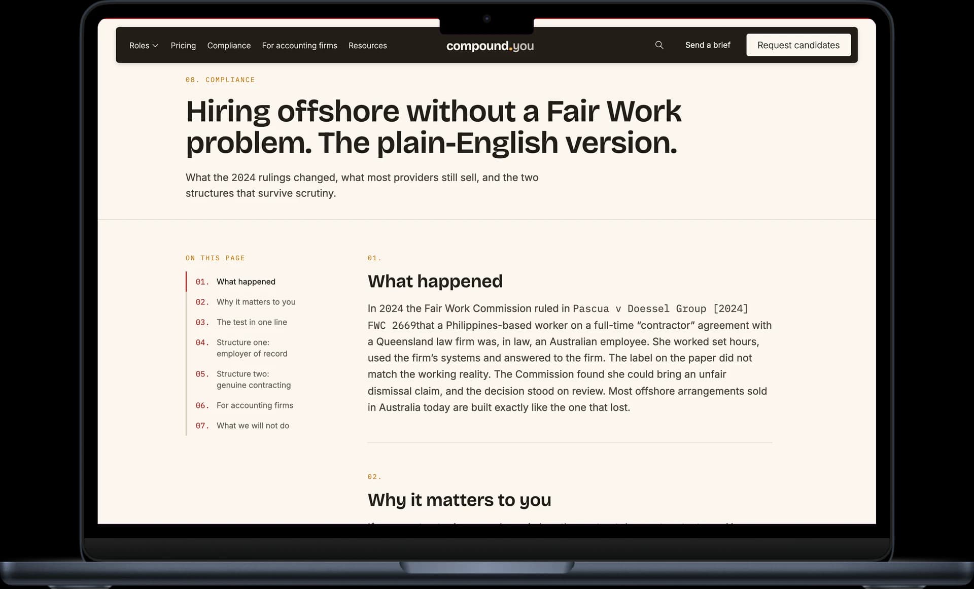 The Compound compliance page explaining the employer-of-record structure