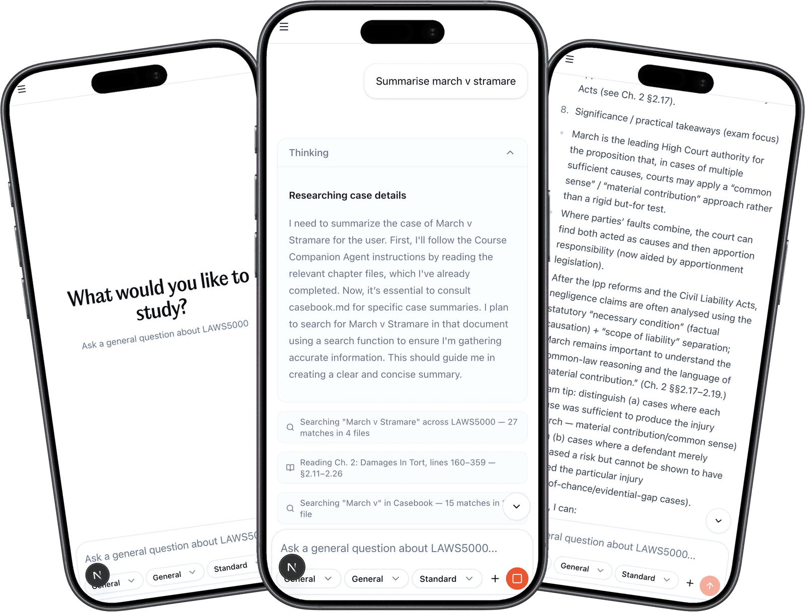 Course Companion AI chat interface displayed on three iPhones