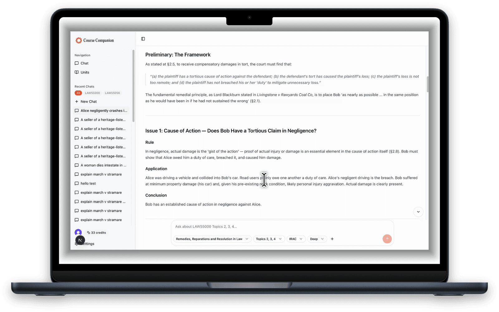 Course Companion IRAC chat mode showing structured legal response
