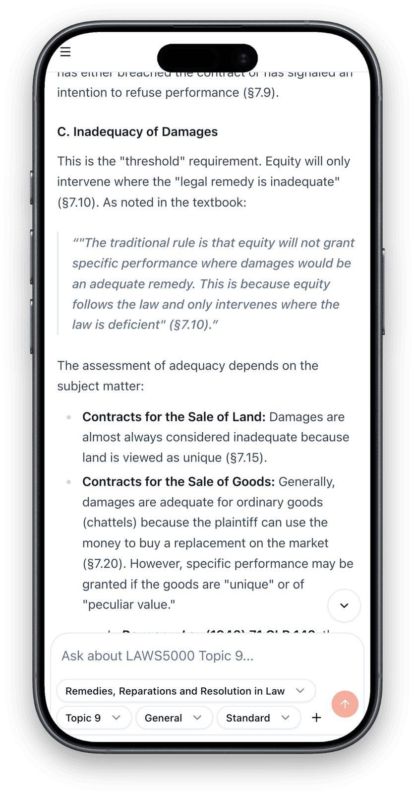 IRAC response on mobile showing structured legal answer