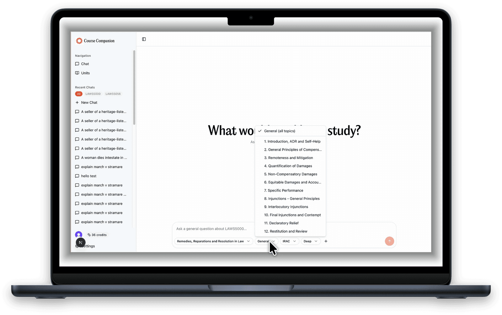 Course Companion topic selector showing week-based content filtering