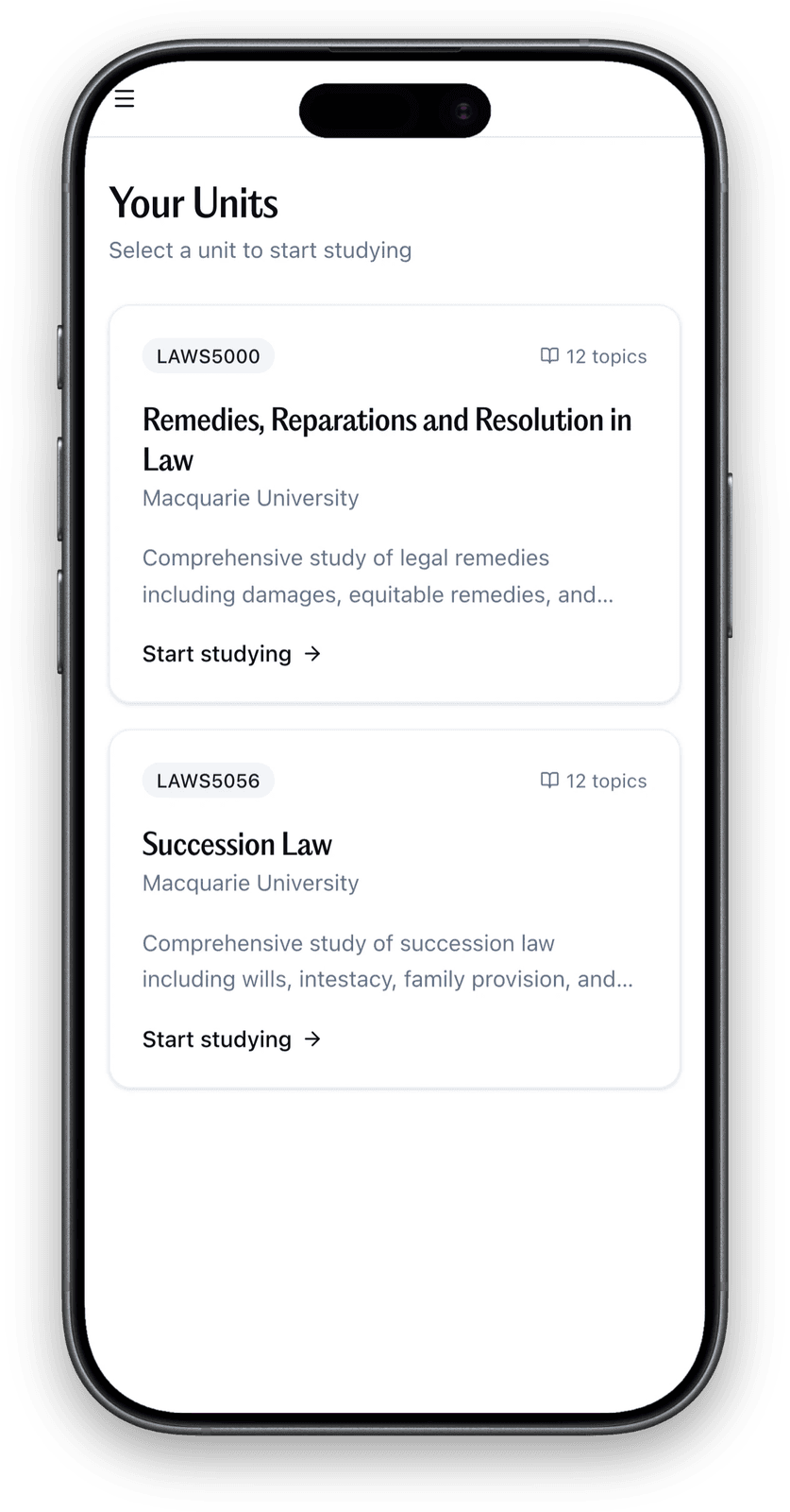 Course units dashboard on mobile