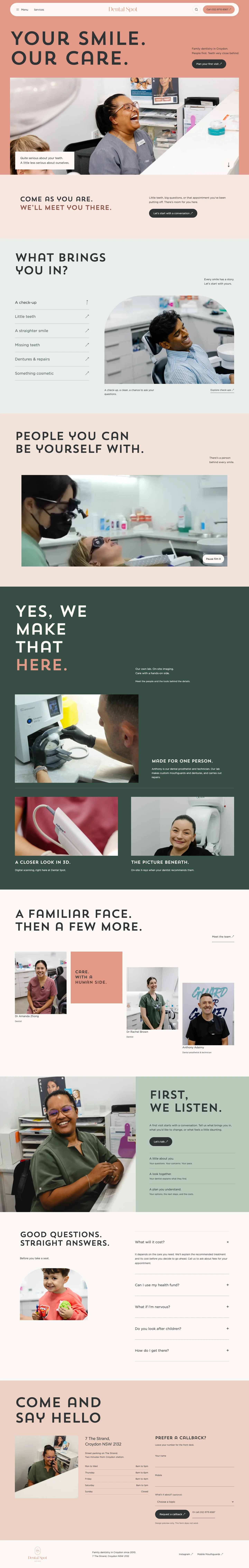 Full Dental Spot homepage design, from the introduction through services, project or team imagery, questions and enquiry section