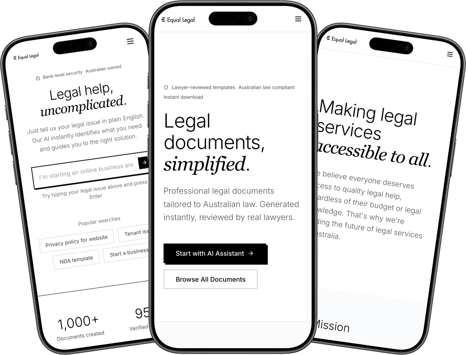 Equal Legal, an AI legal document platform built by Studio Slate in Sydney, displayed on three iPhones
