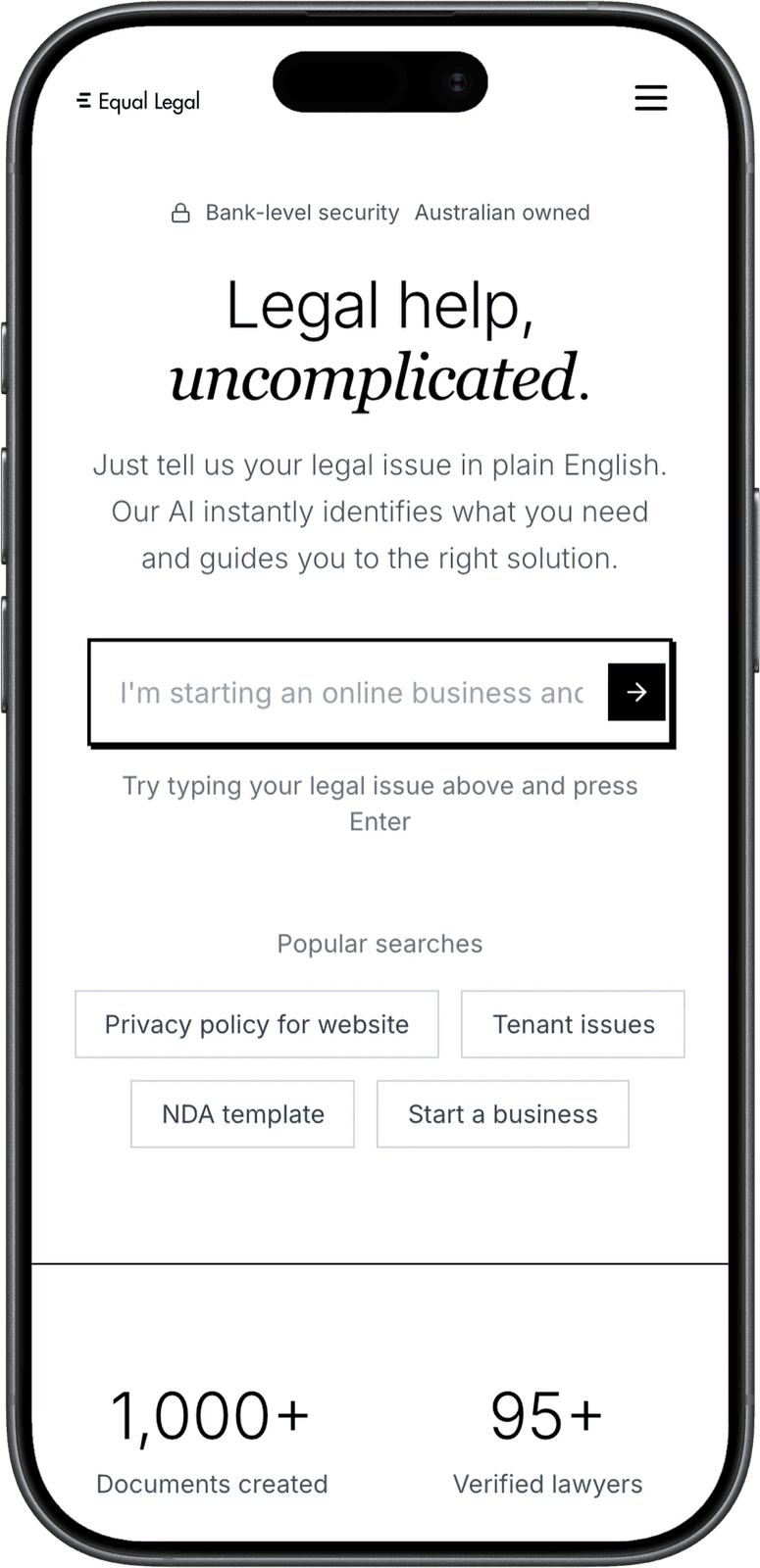 Brief Legal homepage on mobile