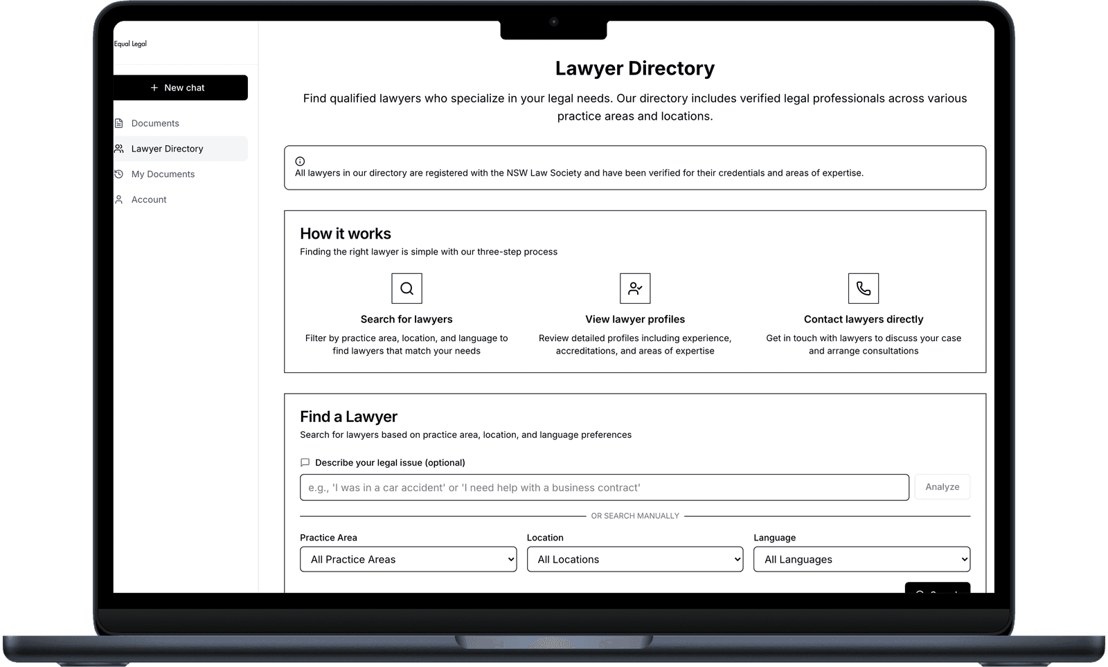 Brief Legal platform showing lawyer directory, chat navigation, and document management sidebar