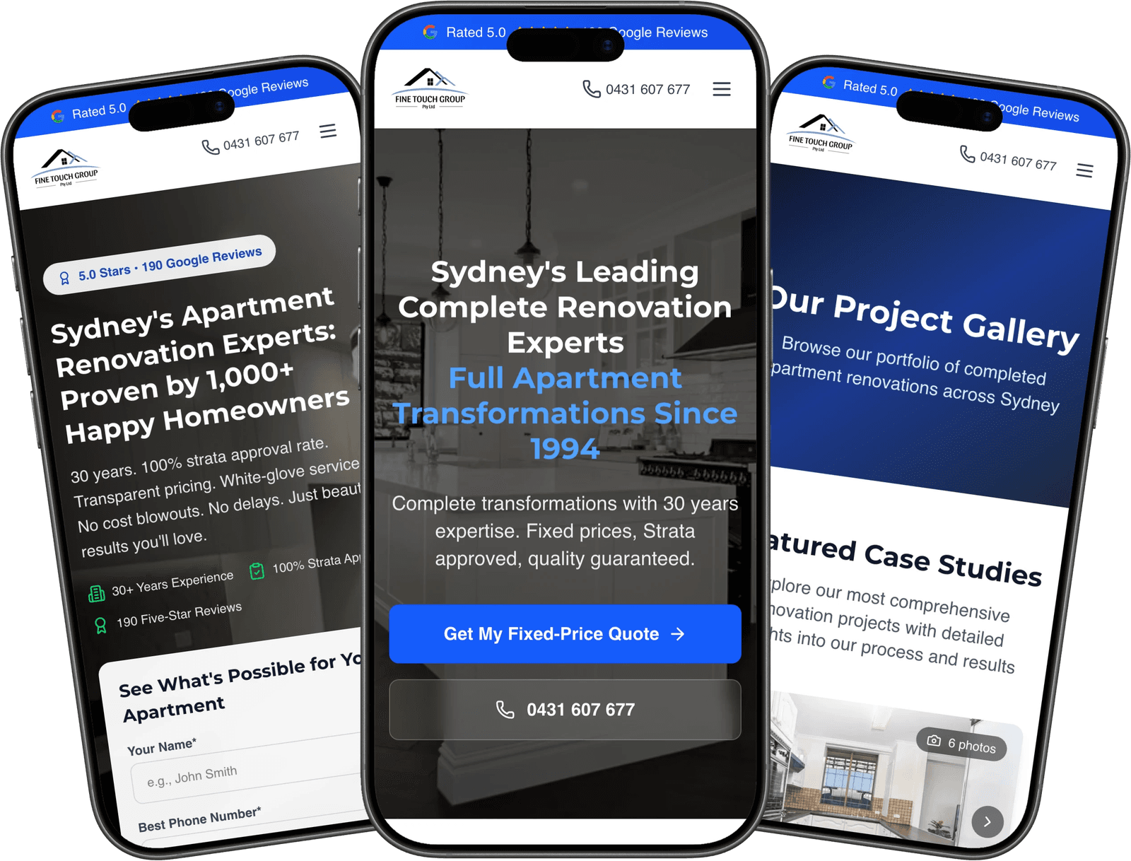 Fine Touch Group renovation website displayed on three iPhones