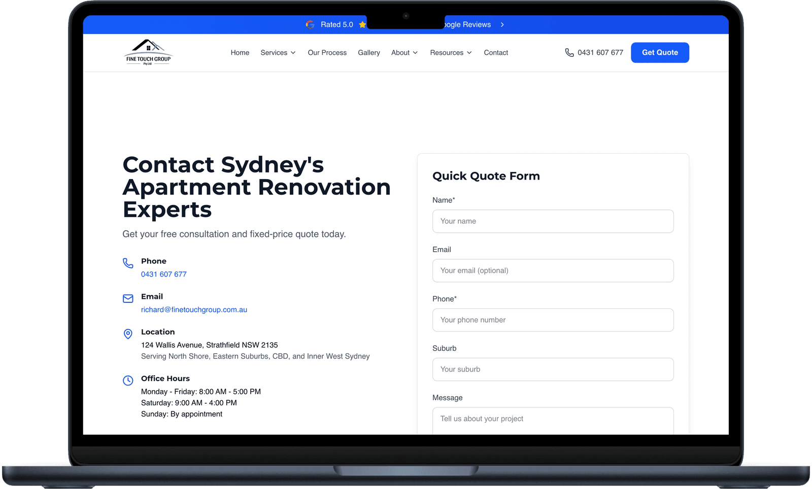 Fine Touch Group contact page with lead capture form