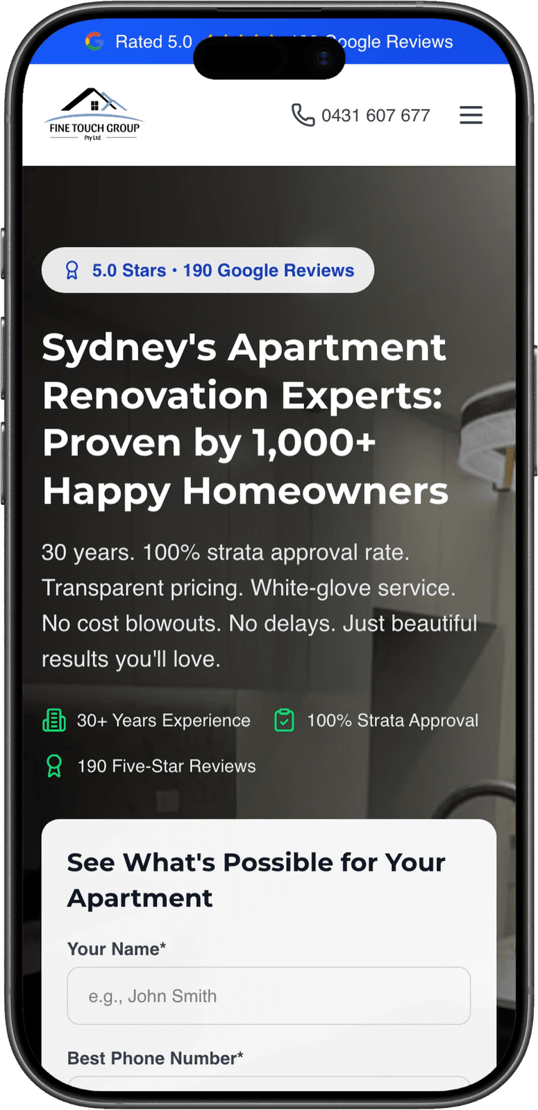 Fine Touch Group homepage on mobile